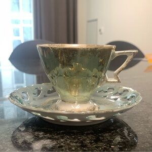 Fairy Antique Beautiful Blue Teacup w/ Matching Coaster